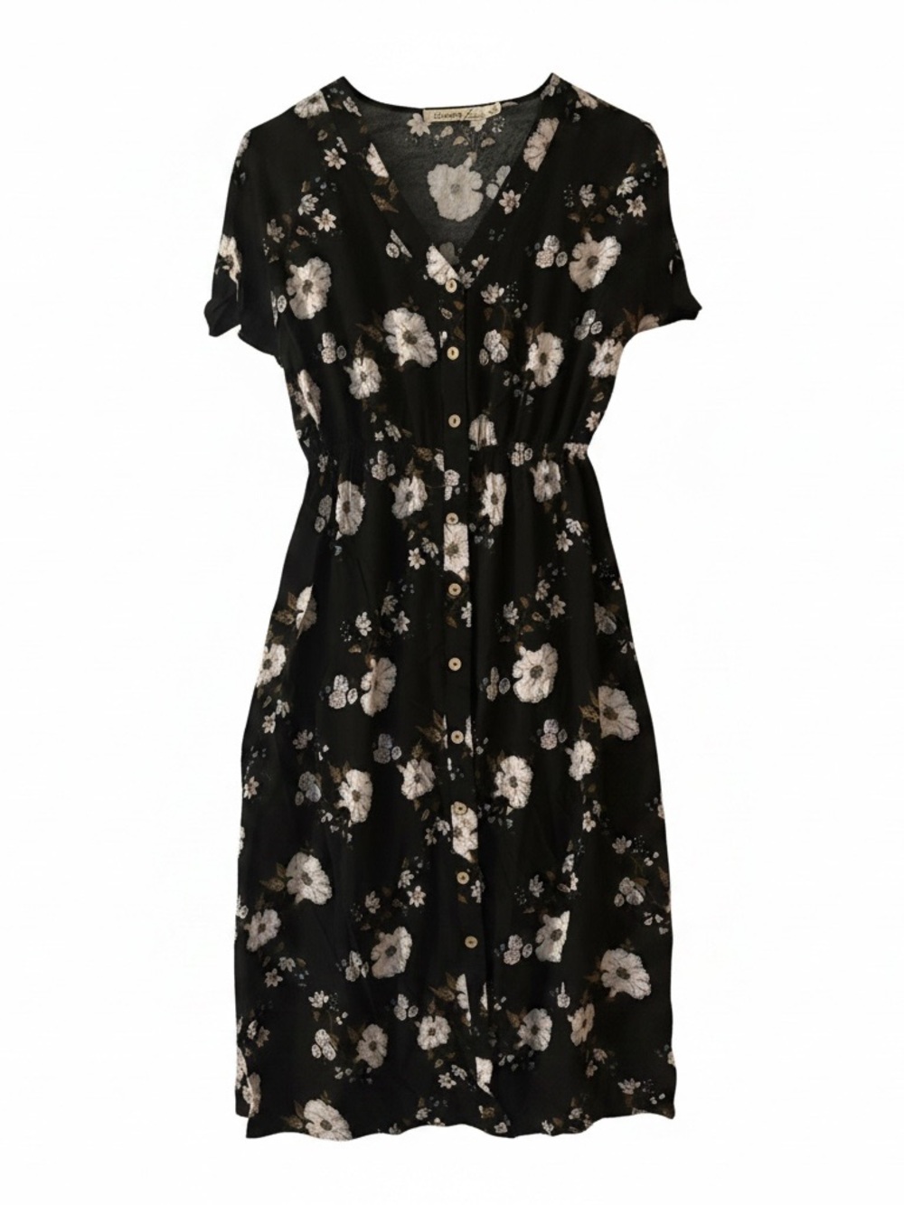 Black Floral Button-Front Midi Dress